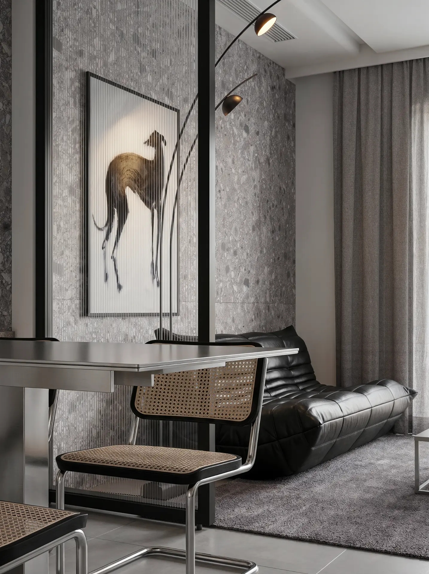 Render de home office com parede em terrazzo