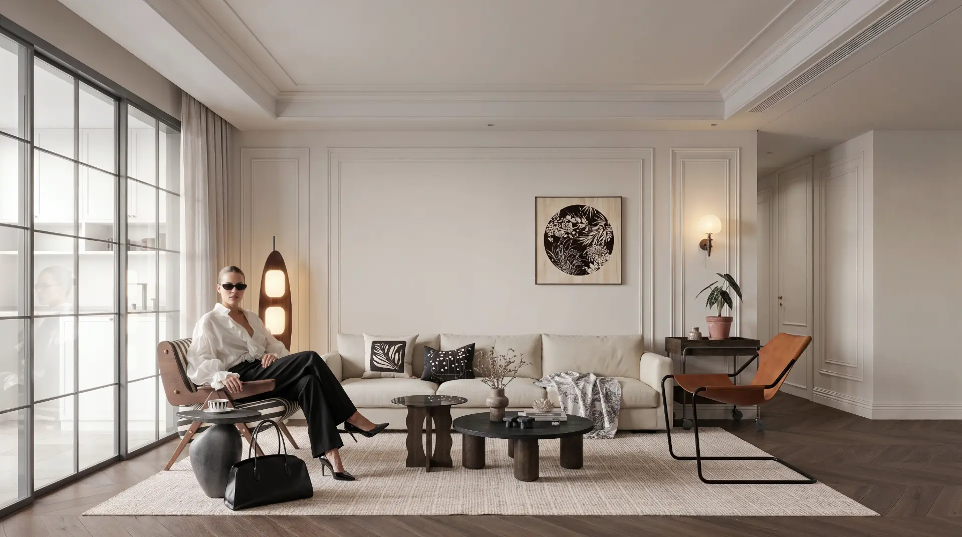 Render de sala ampla com pessoa em cena