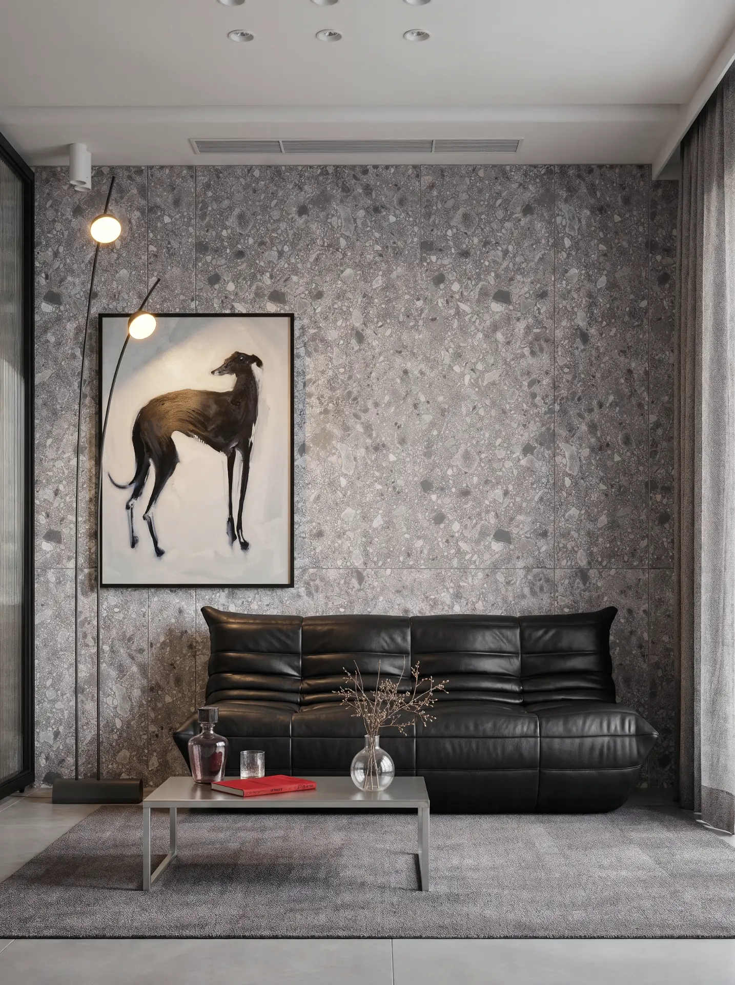 Render de sala com sofá de couro e parede em terrazzo