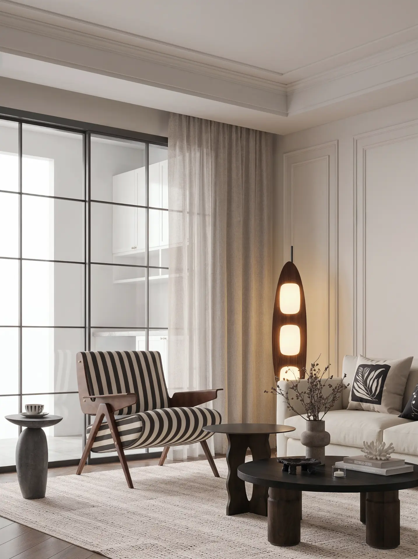 Render de living clássico contemporâneo