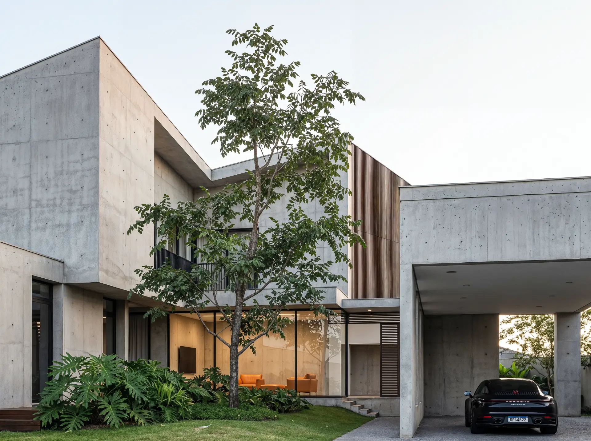 Render externo de residência em concreto aparente